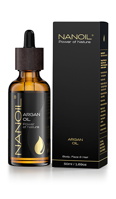 Foto do produto de óleo de argan da Nanoil, incluindo um frasco e uma caixa